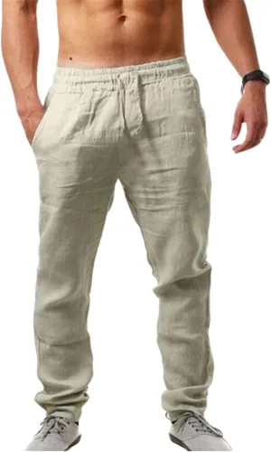 Men's Linen Pants Casual Long Pants - Lightweight Drawstring Yoga Beach Trousers Casual Loose Fit Trousers