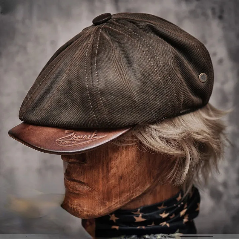 Men's Oil-waxed Canvas Leather Handmade Vintage Berets Octagonal Cap
