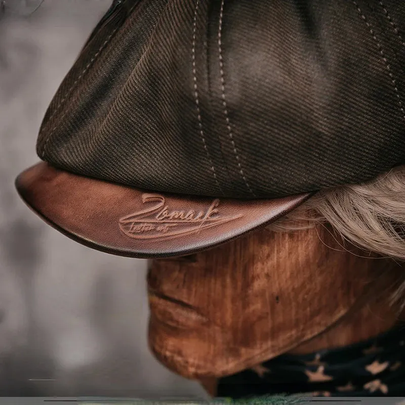 Men's Oil-waxed Canvas Leather Handmade Vintage Berets Octagonal Cap