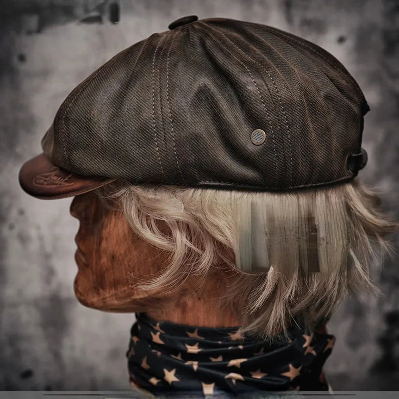Men's Oil-waxed Canvas Leather Handmade Vintage Berets Octagonal Cap