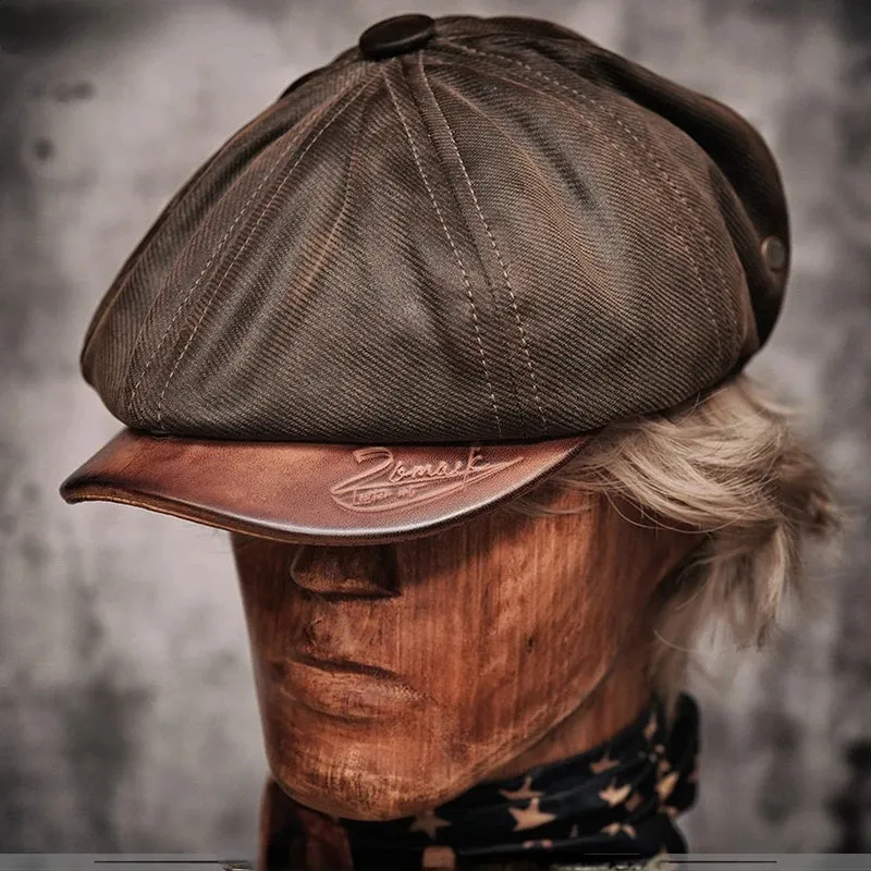 Men's Oil-waxed Canvas Leather Handmade Vintage Berets Octagonal Cap