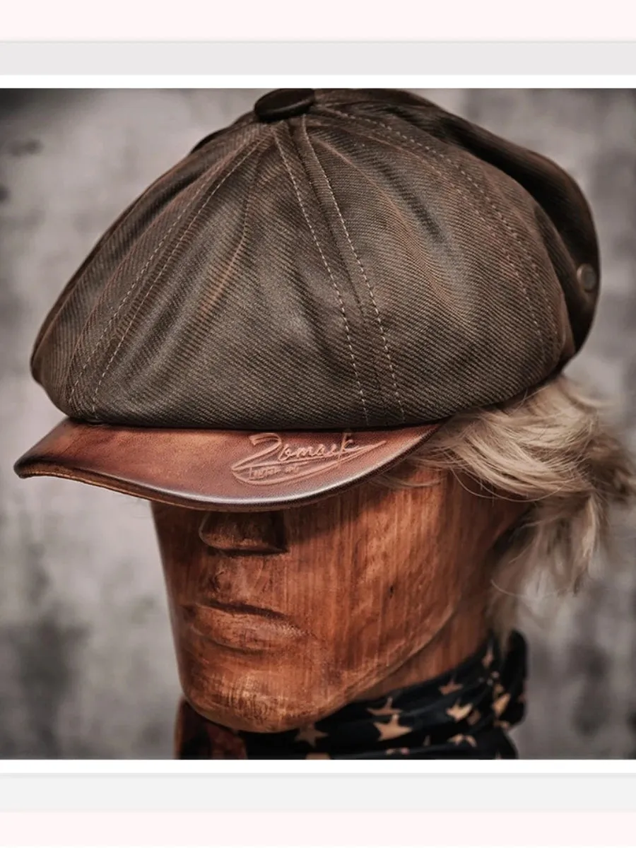Men's Oil-waxed Canvas Leather Handmade Vintage Berets Octagonal Cap