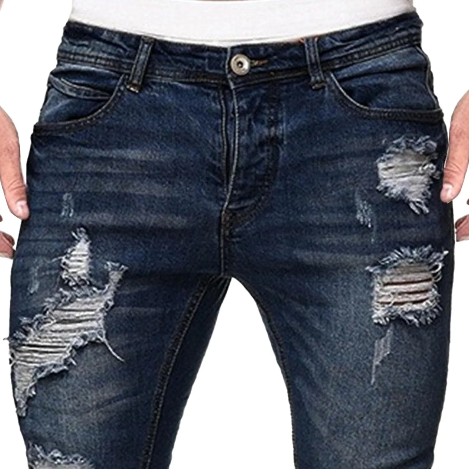 Men's Skinny Distressed Vintage Jeans Ripped Casual Outdoor Denim Pants Slim Fit Stretch Jeans Trouser