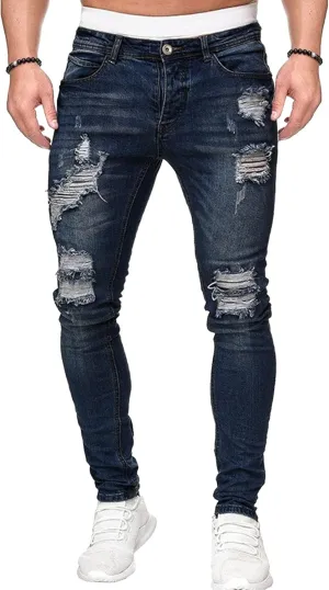 Men's Skinny Distressed Vintage Jeans Ripped Casual Outdoor Denim Pants Slim Fit Stretch Jeans Trouser