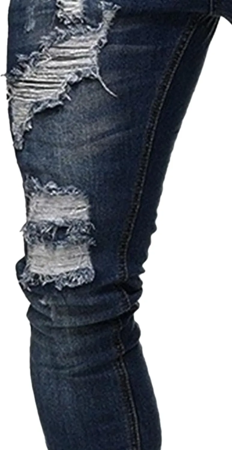Men's Skinny Distressed Vintage Jeans Ripped Casual Outdoor Denim Pants Slim Fit Stretch Jeans Trouser