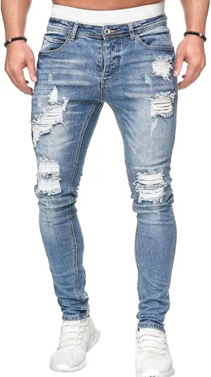 Men's Skinny Distressed Vintage Jeans Ripped Casual Outdoor Denim Pants Slim Fit Stretch Jeans Trouser