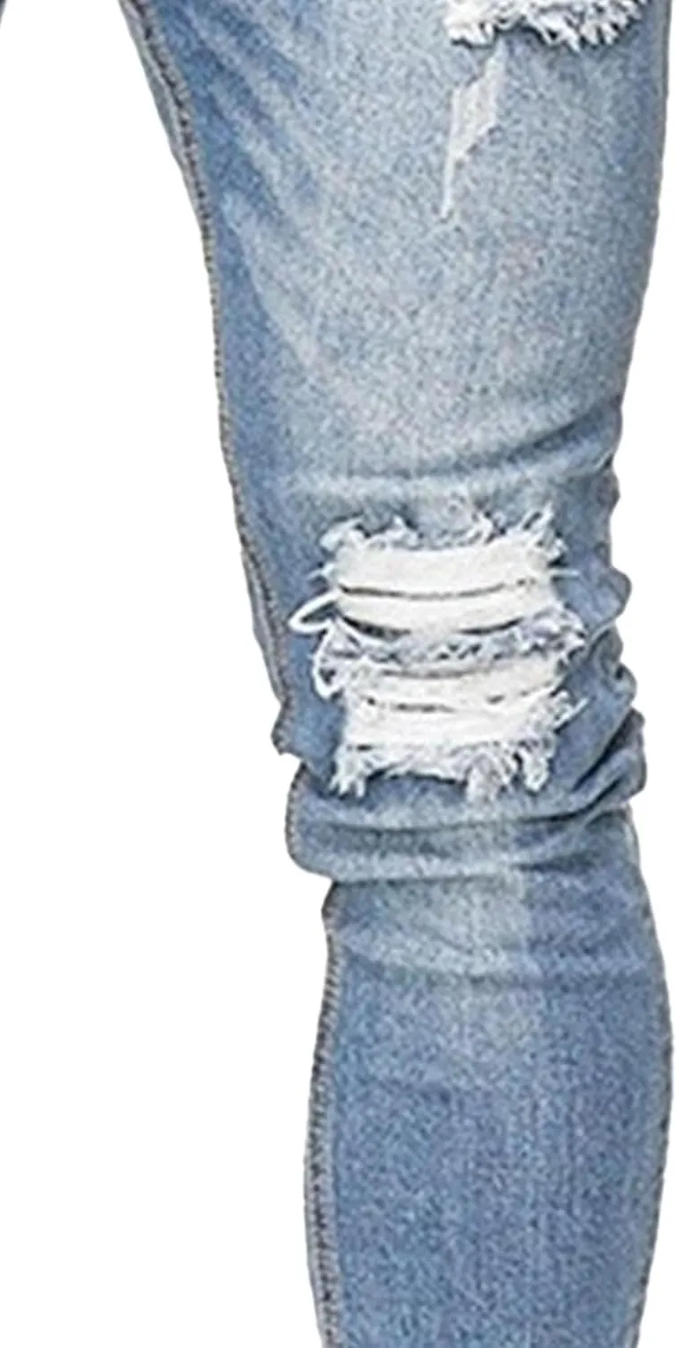 Men's Skinny Distressed Vintage Jeans Ripped Casual Outdoor Denim Pants Slim Fit Stretch Jeans Trouser