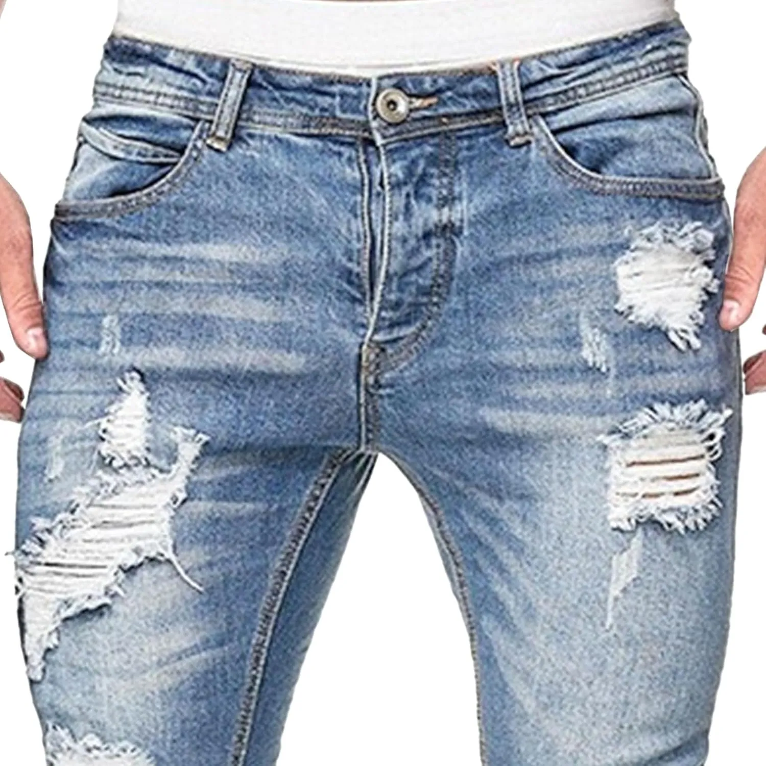 Men's Skinny Distressed Vintage Jeans Ripped Casual Outdoor Denim Pants Slim Fit Stretch Jeans Trouser