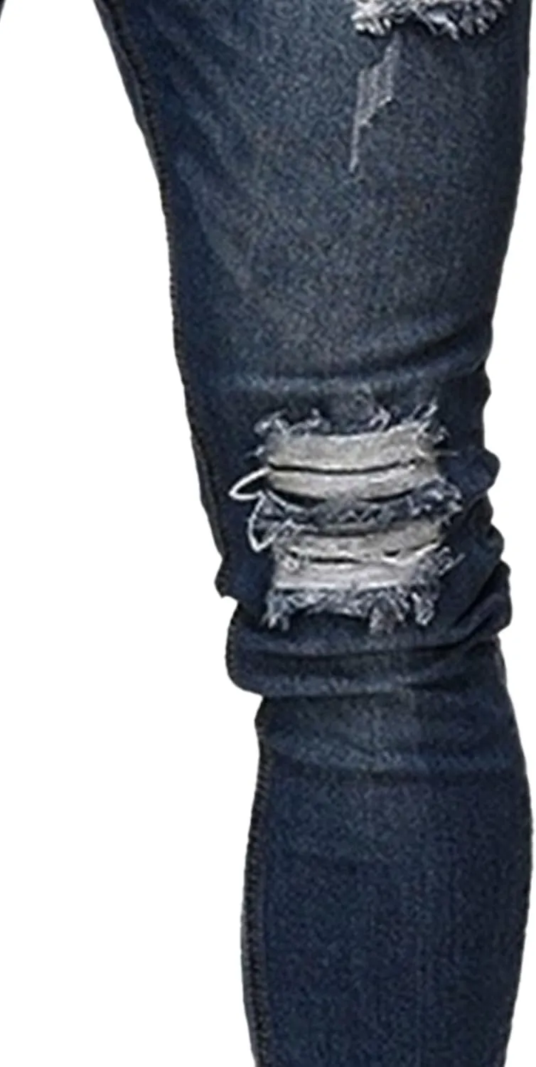 Men's Skinny Distressed Vintage Jeans Ripped Casual Outdoor Denim Pants Slim Fit Stretch Jeans Trouser