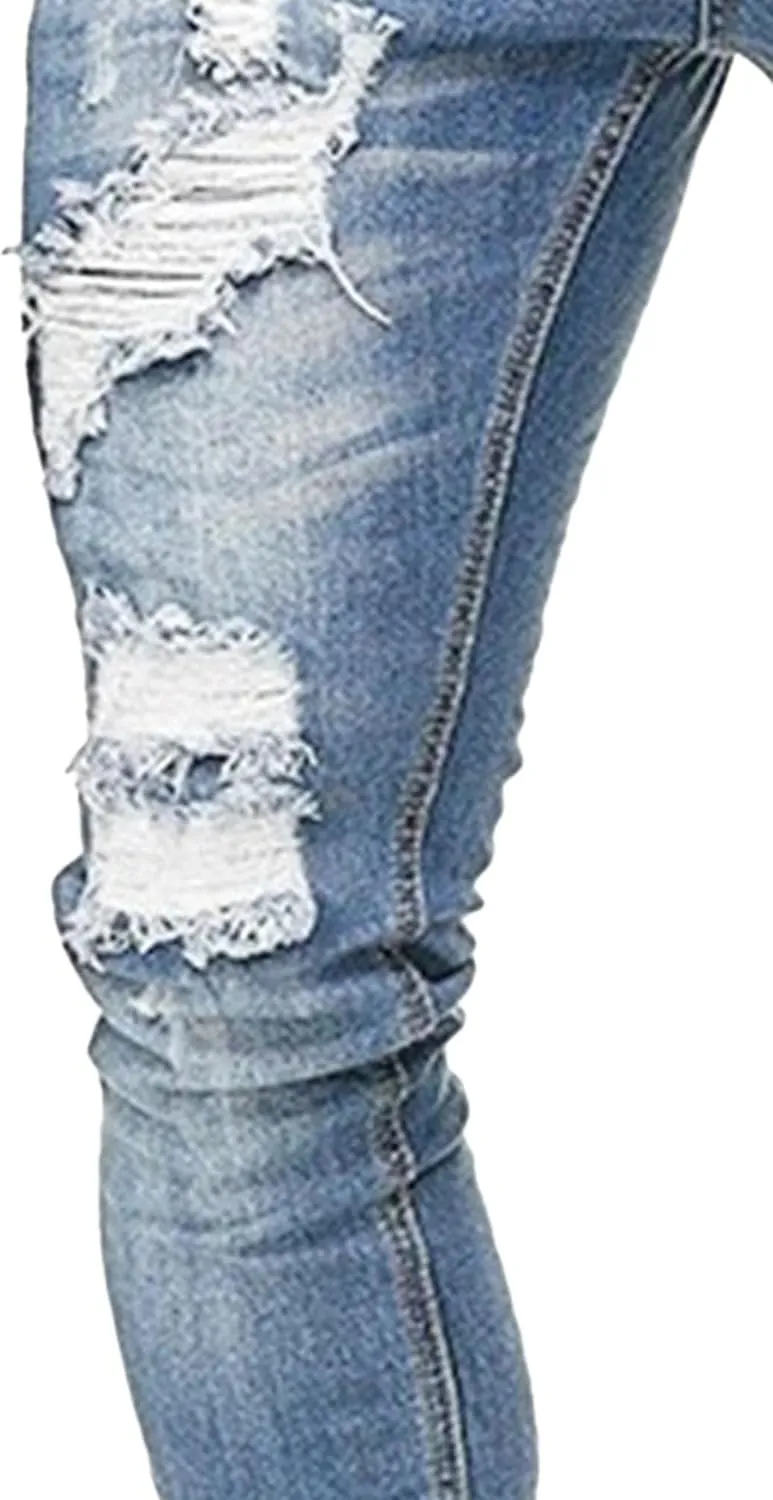 Men's Skinny Distressed Vintage Jeans Ripped Casual Outdoor Denim Pants Slim Fit Stretch Jeans Trouser