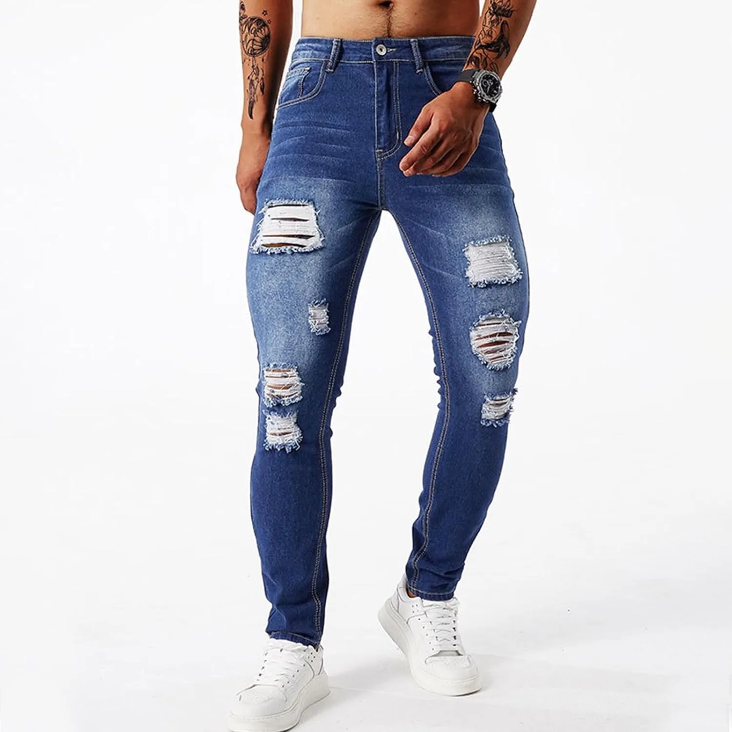 Men's Slim Fit Jeans Stretch Destroyed Ripped Skinny Jeans Distressed Straight Denim Pants Casual Trousers Streetwear