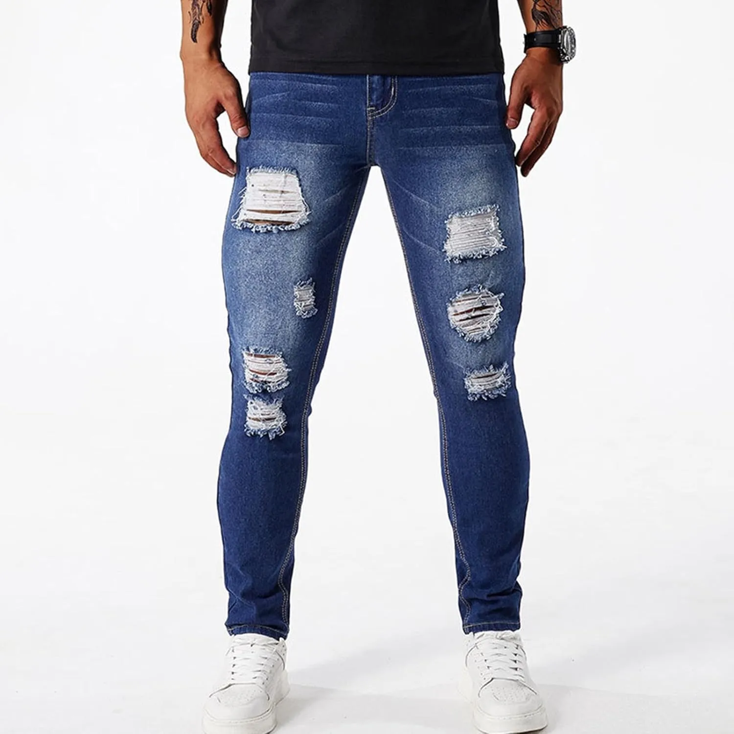 Men's Slim Fit Jeans Stretch Destroyed Ripped Skinny Jeans Distressed Straight Denim Pants Casual Trousers Streetwear