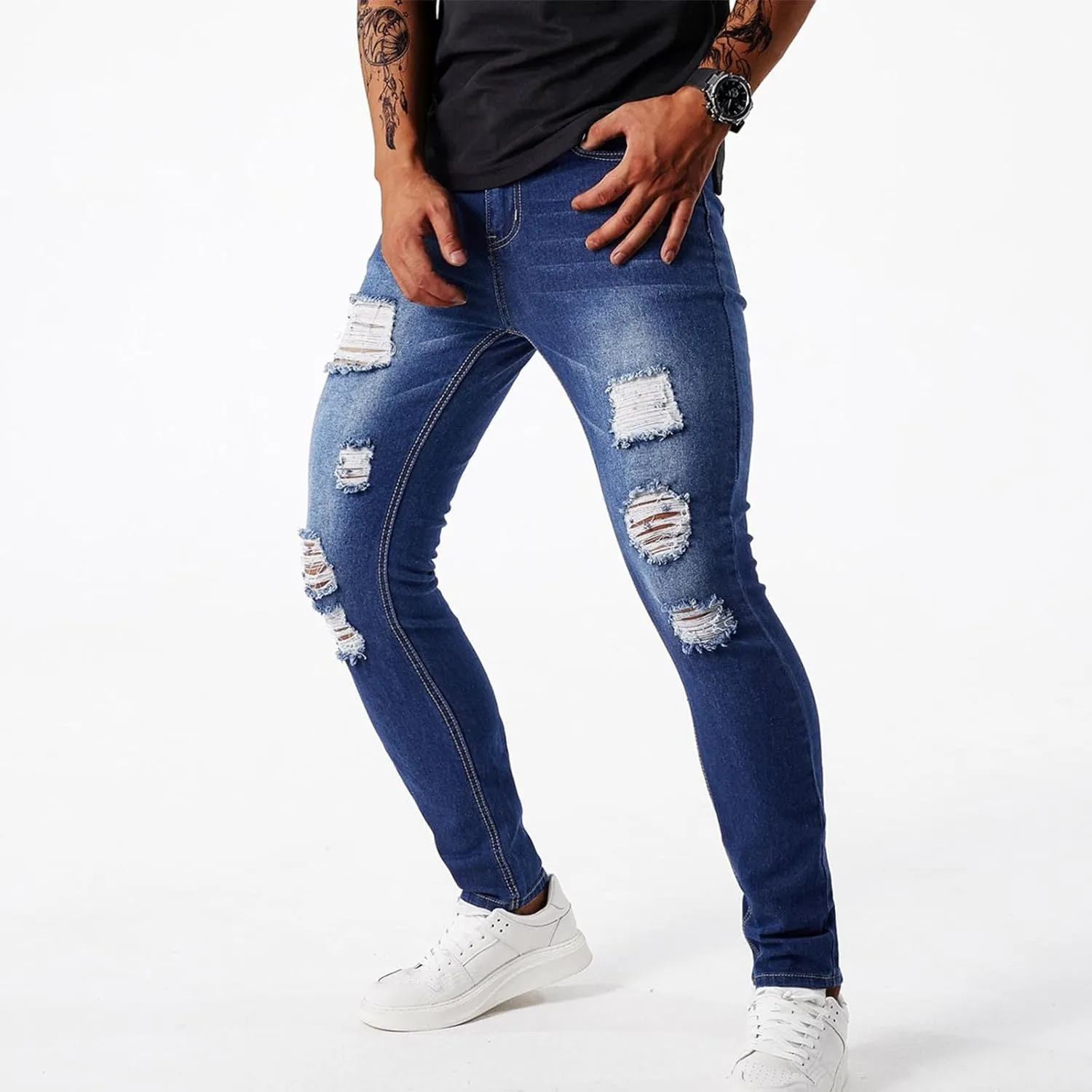 Men's Slim Fit Jeans Stretch Destroyed Ripped Skinny Jeans Distressed Straight Denim Pants Casual Trousers Streetwear