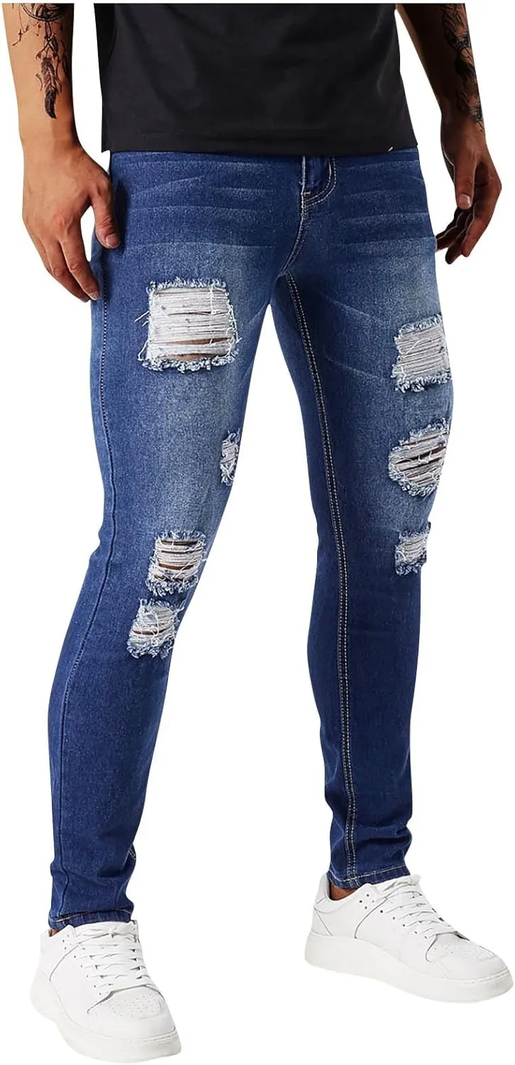 Men's Slim Fit Jeans Stretch Destroyed Ripped Skinny Jeans Distressed Straight Denim Pants Casual Trousers Streetwear