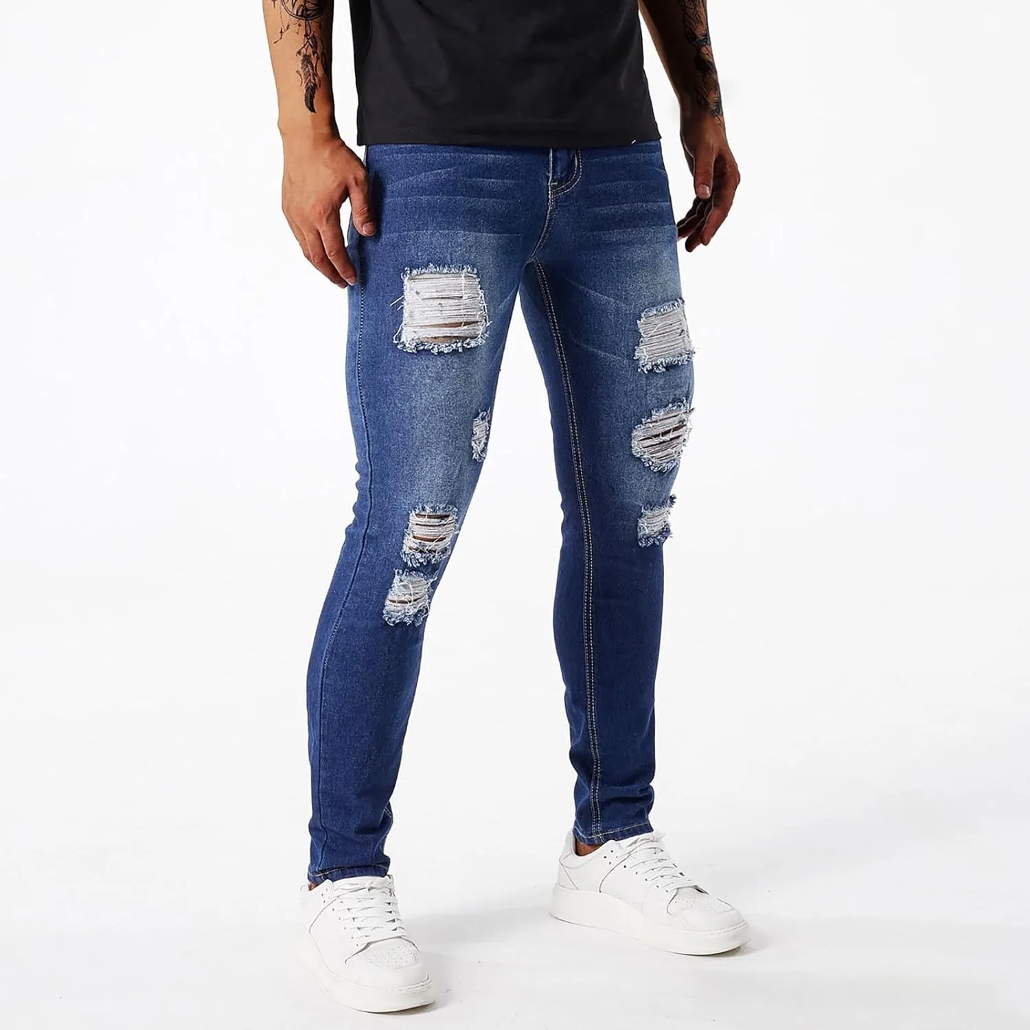 Men's Slim Fit Jeans Stretch Destroyed Ripped Skinny Jeans Distressed Straight Denim Pants Casual Trousers Streetwear