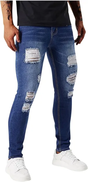 Men's Slim Fit Jeans Stretch Destroyed Ripped Skinny Jeans Distressed Straight Denim Pants Casual Trousers Streetwear
