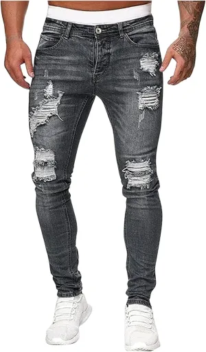 Men's Slim Fit Stretch Jeans Destroyed Ripped Skinny Jeans Side Striped Denim Pants Fashion Stretch Trouser