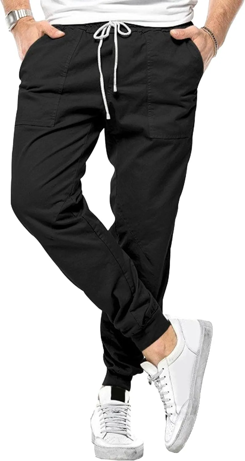 Men's Solid Stylish Comfort Slim Fit Pants Straight Leg Joggers Hiking Pants Drawstring Chino Athletic Trousers