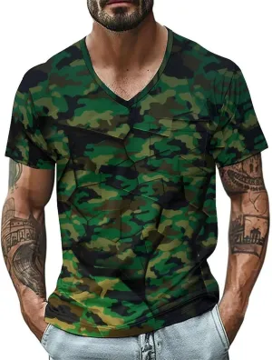 Mens V Neck Short Sleeve Camo Shirts Military Camouflage Performance Athletic T-Shirt Quick-Drying Casual Hunting Tee