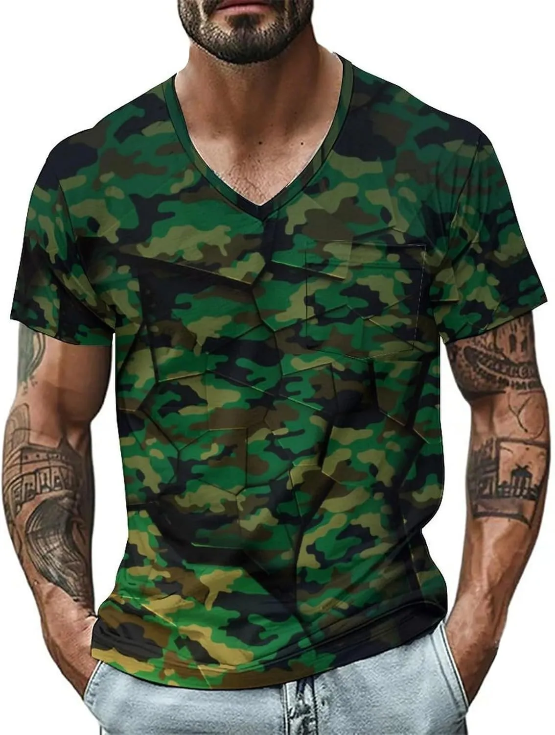 Mens V Neck Short Sleeve Camo Shirts Military Camouflage Performance Athletic T-Shirt Quick-Drying Casual Hunting Tee