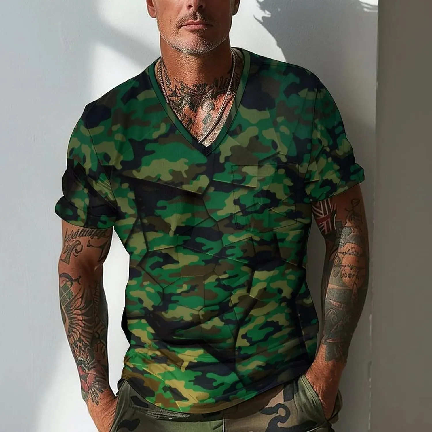 Mens V Neck Short Sleeve Camo Shirts Military Camouflage Performance Athletic T-Shirt Quick-Drying Casual Hunting Tee