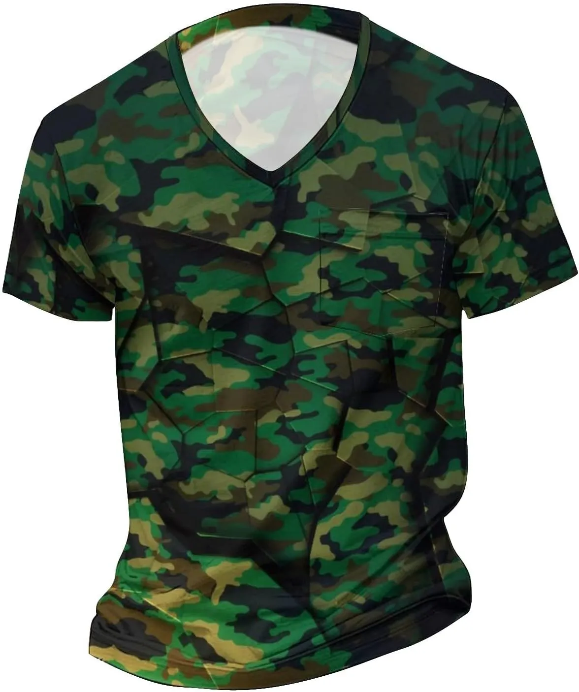 Mens V Neck Short Sleeve Camo Shirts Military Camouflage Performance Athletic T-Shirt Quick-Drying Casual Hunting Tee