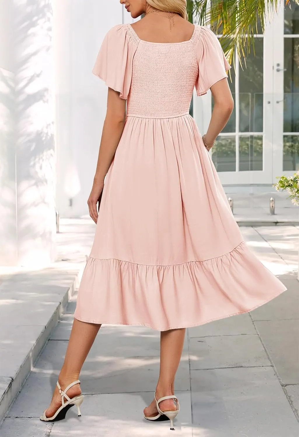 MEROKEETY Women's Summer Casual V Neck Ruffle Sleeve Smocked High Waist Midi Dress with Pockets