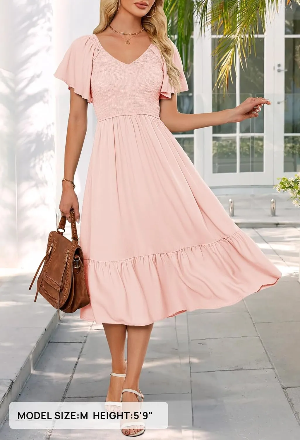 MEROKEETY Women's Summer Casual V Neck Ruffle Sleeve Smocked High Waist Midi Dress with Pockets