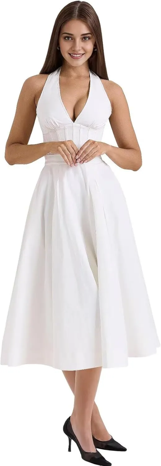 Midi Party Dresses for Women Bow Halter Graduation Dress with Pockets Deep V Neck Prom Gowns