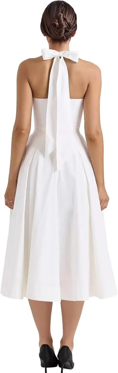Midi Party Dresses for Women Bow Halter Graduation Dress with Pockets Deep V Neck Prom Gowns