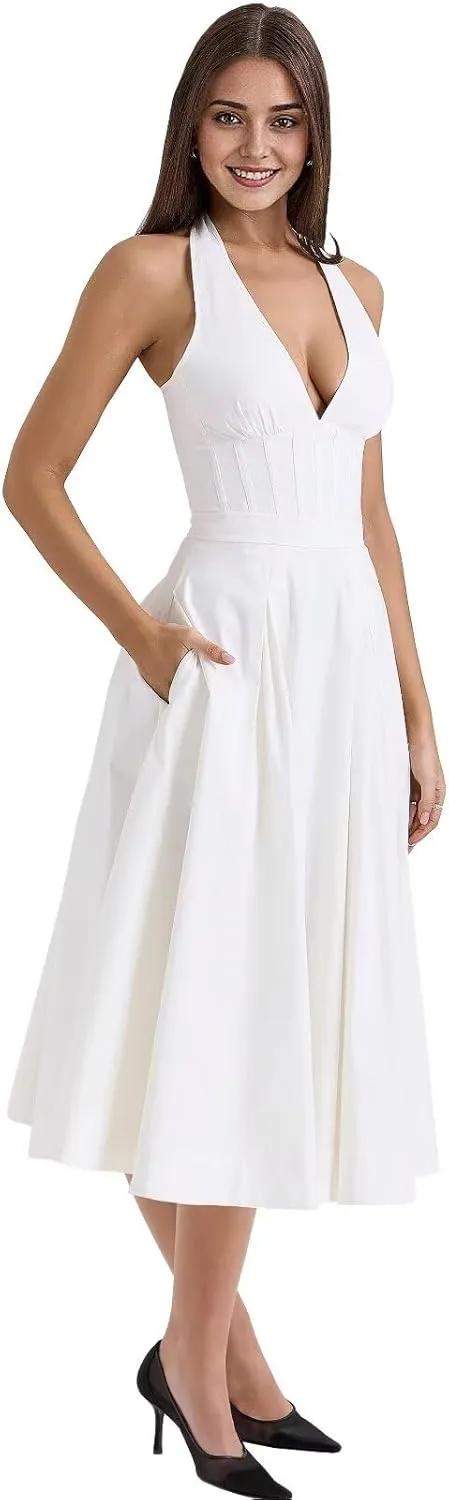 Midi Party Dresses for Women Bow Halter Graduation Dress with Pockets Deep V Neck Prom Gowns