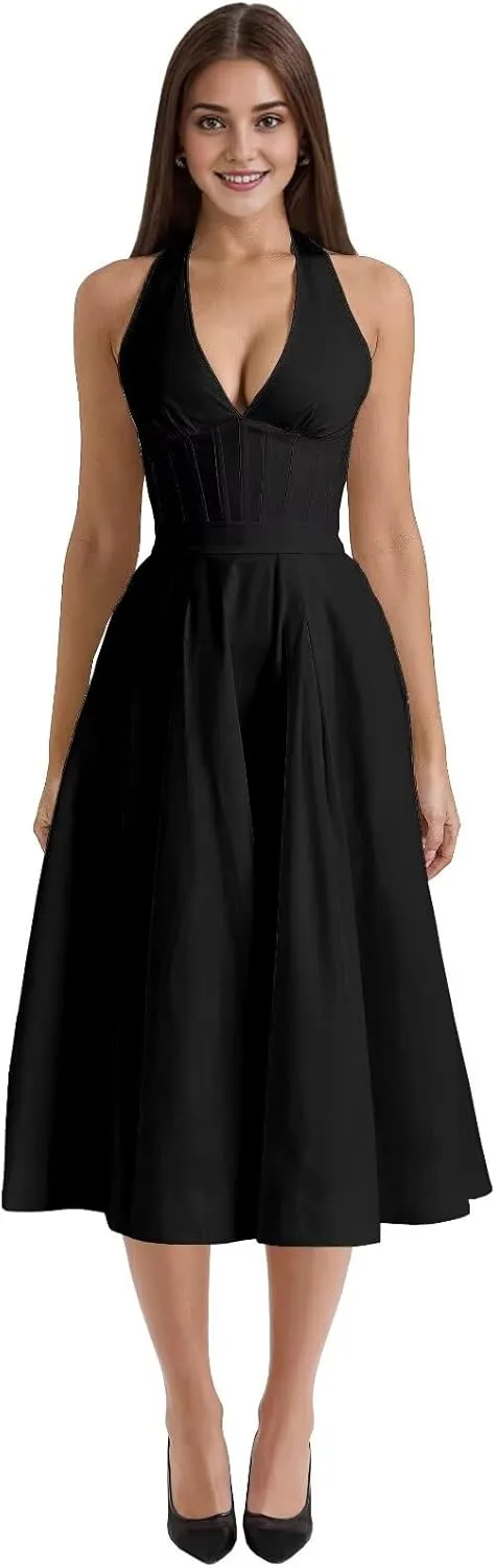 Midi Party Dresses for Women Bow Halter Graduation Dress with Pockets Deep V Neck Prom Gowns