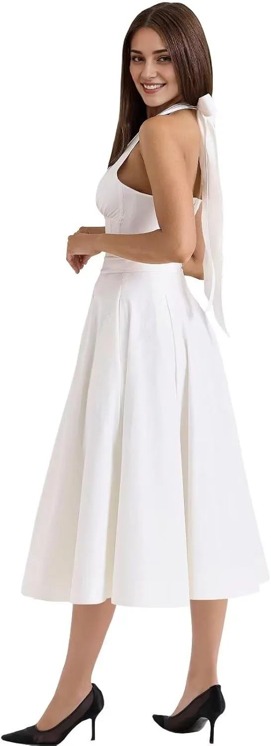 Midi Party Dresses for Women Bow Halter Graduation Dress with Pockets Deep V Neck Prom Gowns