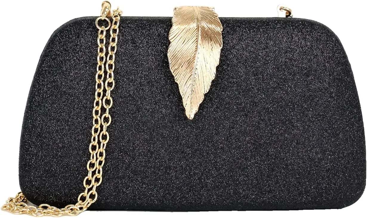 Milisente Clutch Purses For Women, Solid Evening Clutch Bag Shoulder Bag With Metallic Leaves Clasp(Glitter Black)