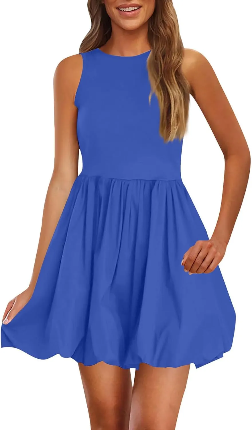 Mini Dress for Women Bubble Sundress Sleeveless Ruffle Hem Dresses High Waist Solid Color Tank Mini Dresses 2025