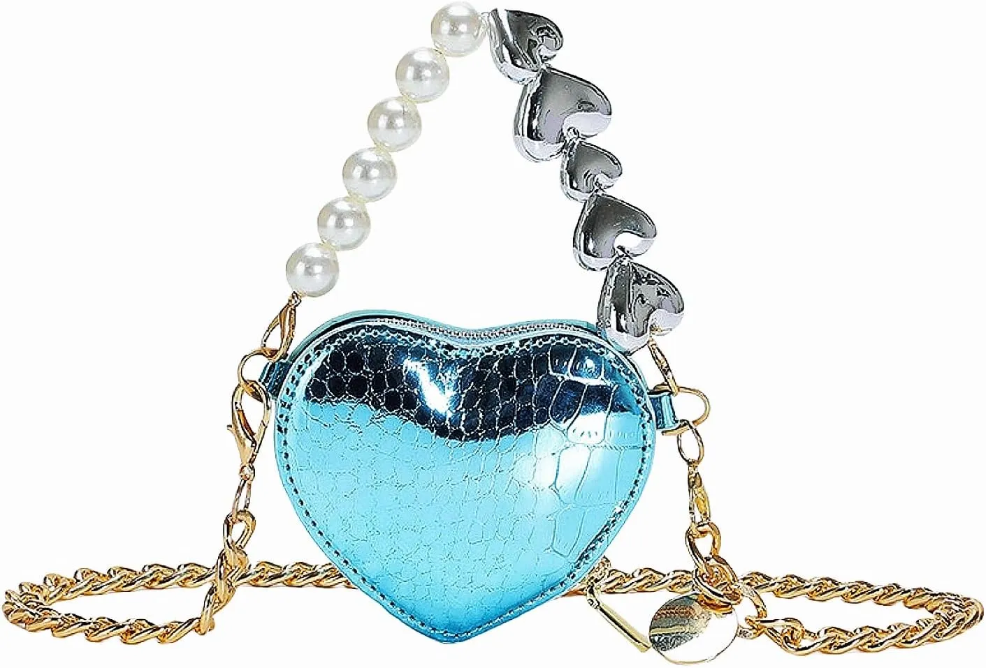 Mini Heart Sequin Shoulder Bag, Women's Small Silver Evening Purse, Mini Heart Gold Detachable Chain Clutch Bag