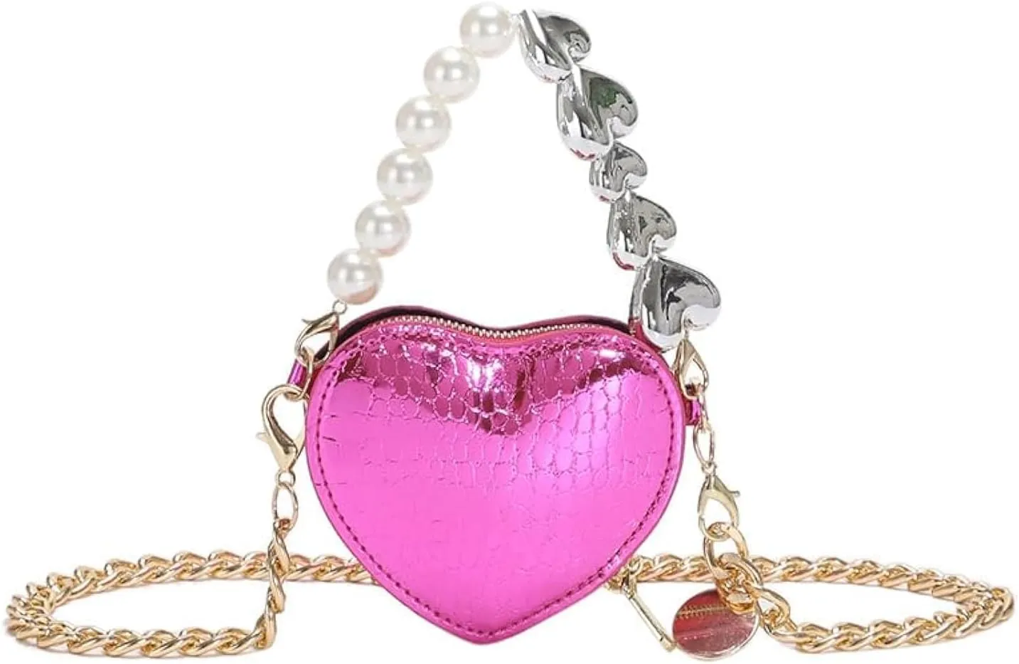 Mini Heart Sequin Shoulder Bag, Women's Small Silver Evening Purse, Mini Heart Gold Detachable Chain Clutch Bag