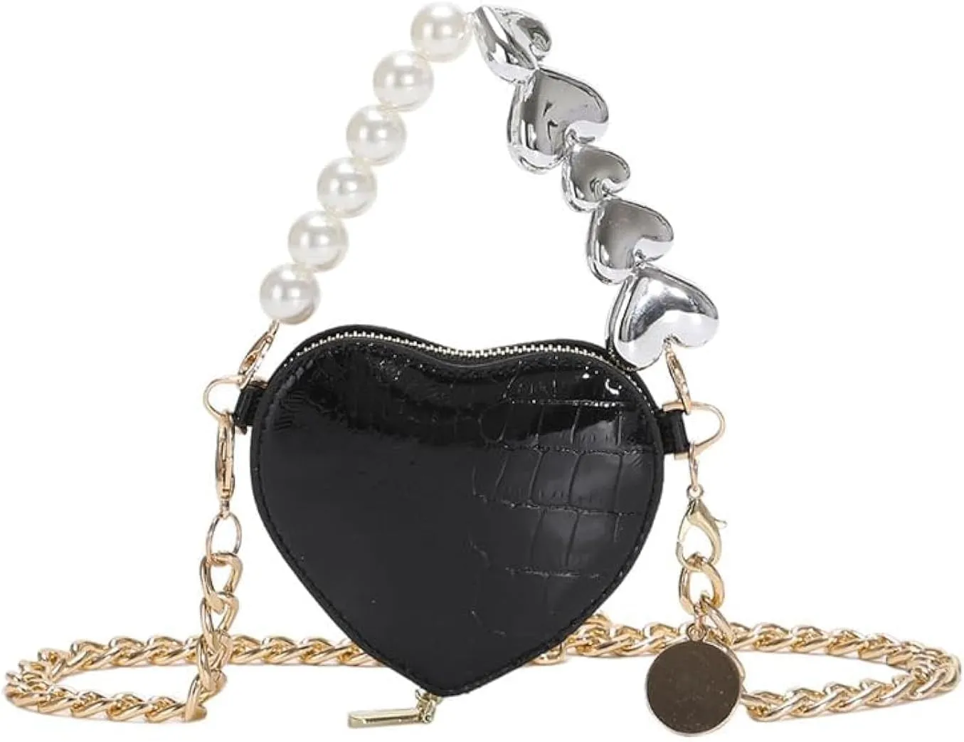 Mini Heart Sequin Shoulder Bag, Women's Small Silver Evening Purse, Mini Heart Gold Detachable Chain Clutch Bag