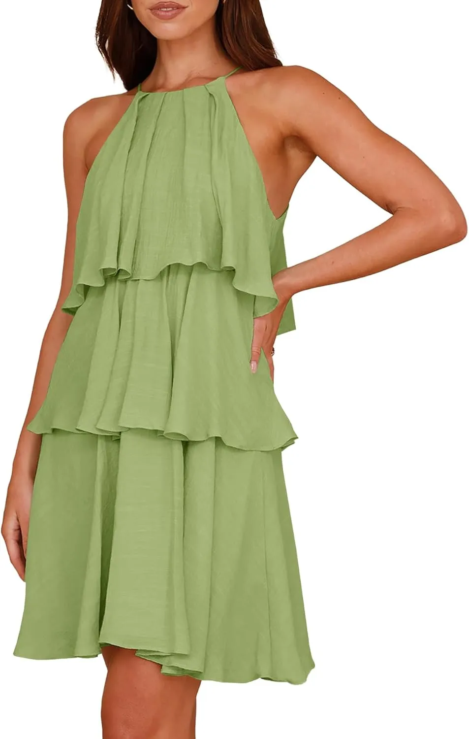 MITILLY Womens Summer 2025 Casual Sleeveless Halter Ruffle Tiered Layered Swing Mini Dress Beach Vacation Sundress