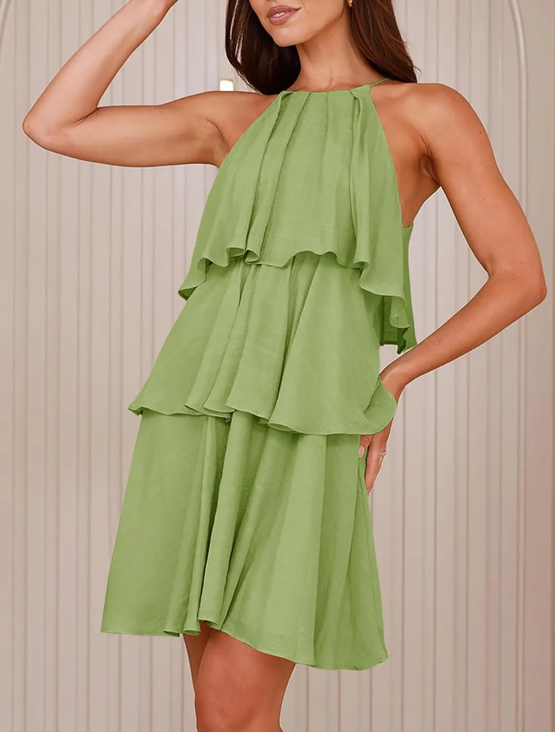 MITILLY Womens Summer 2025 Casual Sleeveless Halter Ruffle Tiered Layered Swing Mini Dress Beach Vacation Sundress