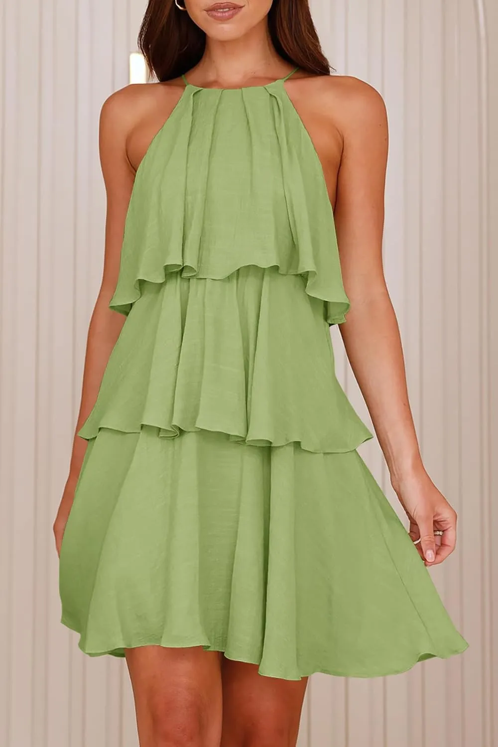 MITILLY Womens Summer 2025 Casual Sleeveless Halter Ruffle Tiered Layered Swing Mini Dress Beach Vacation Sundress