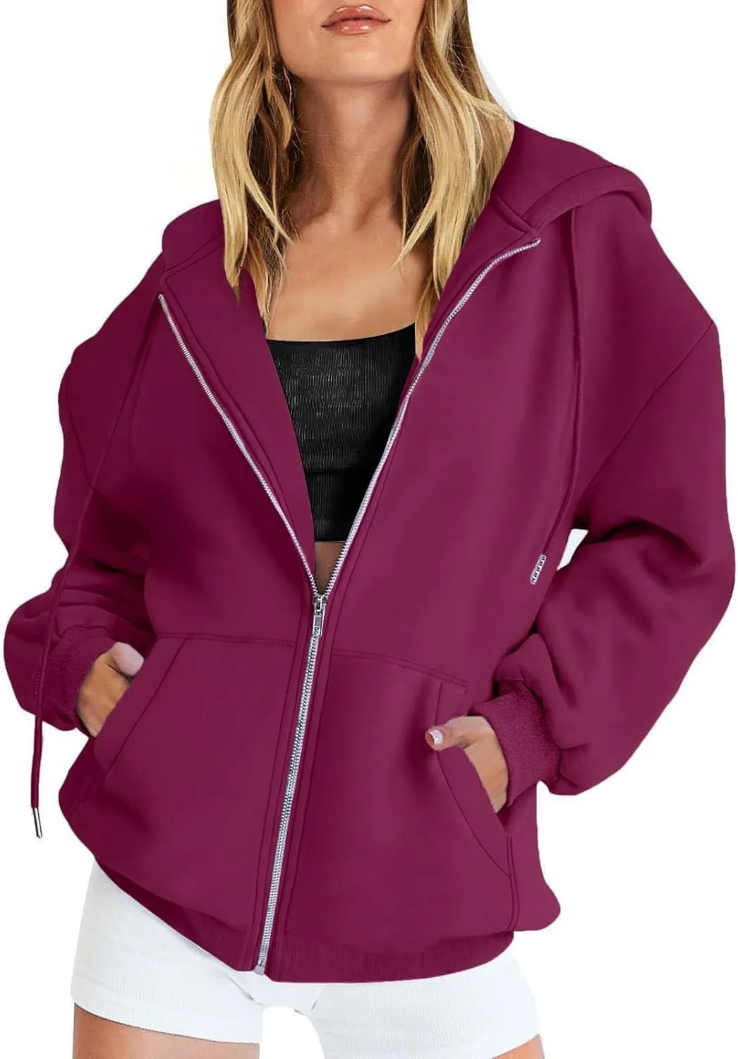 Miyaomn Trendy Zip Up Hoodies for Women Long Sleeve Oversized Sweatshirts Y2K Fall Outfits Casual Fashion Jacket with Pockets