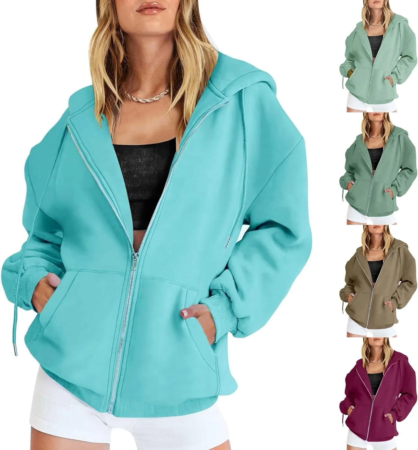 Miyaomn Trendy Zip Up Hoodies for Women Long Sleeve Oversized Sweatshirts Y2K Fall Outfits Casual Fashion Jacket with Pockets