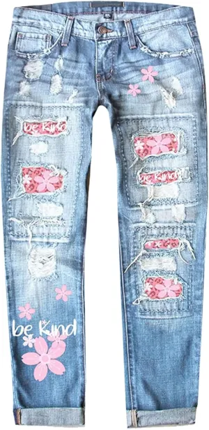 Muyise Boyfriend Jeans for Women Patchwork Distressed Casual Ripped Jeans Stretch Straight Leg Denim Trousers with Pockets