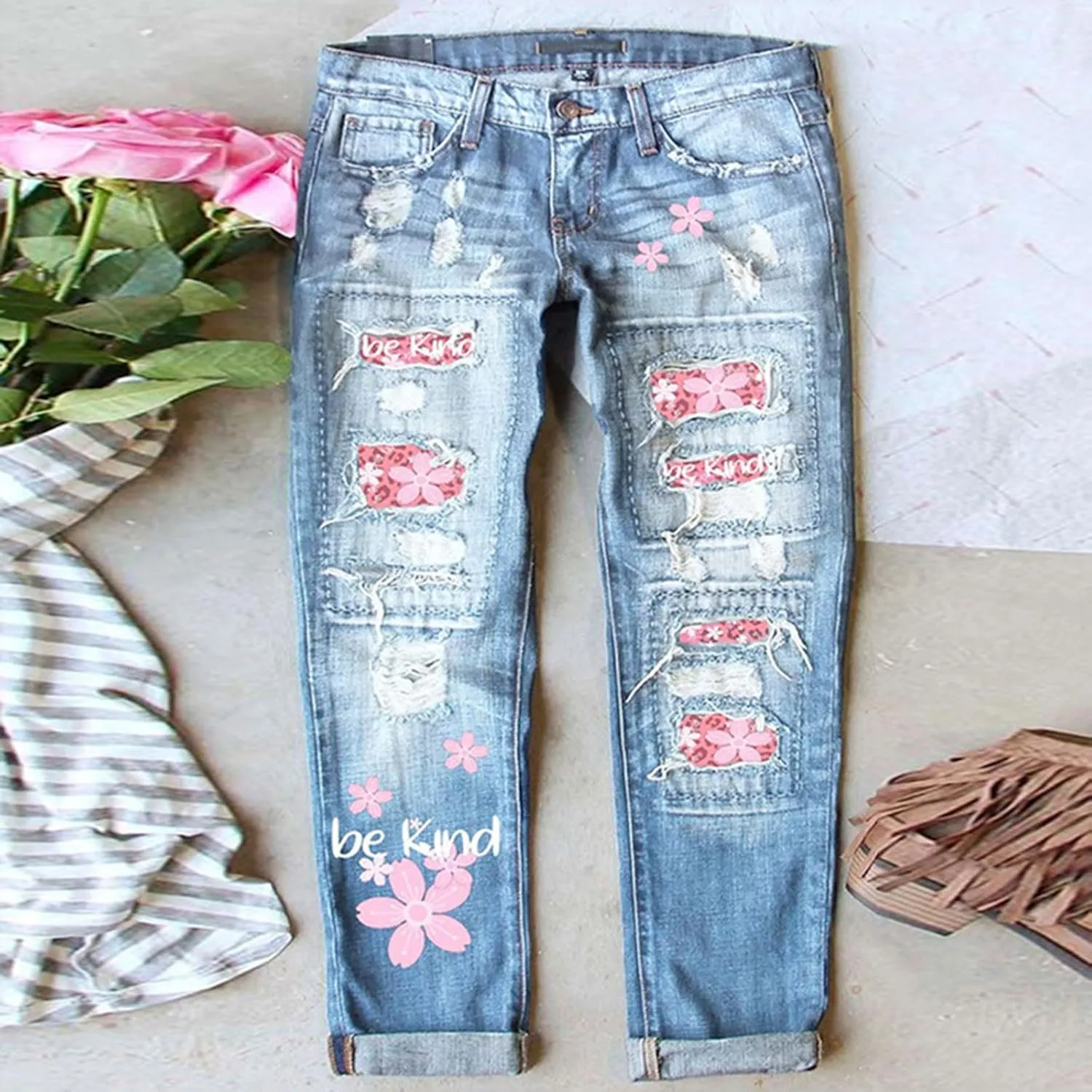 Muyise Boyfriend Jeans for Women Patchwork Distressed Casual Ripped Jeans Stretch Straight Leg Denim Trousers with Pockets