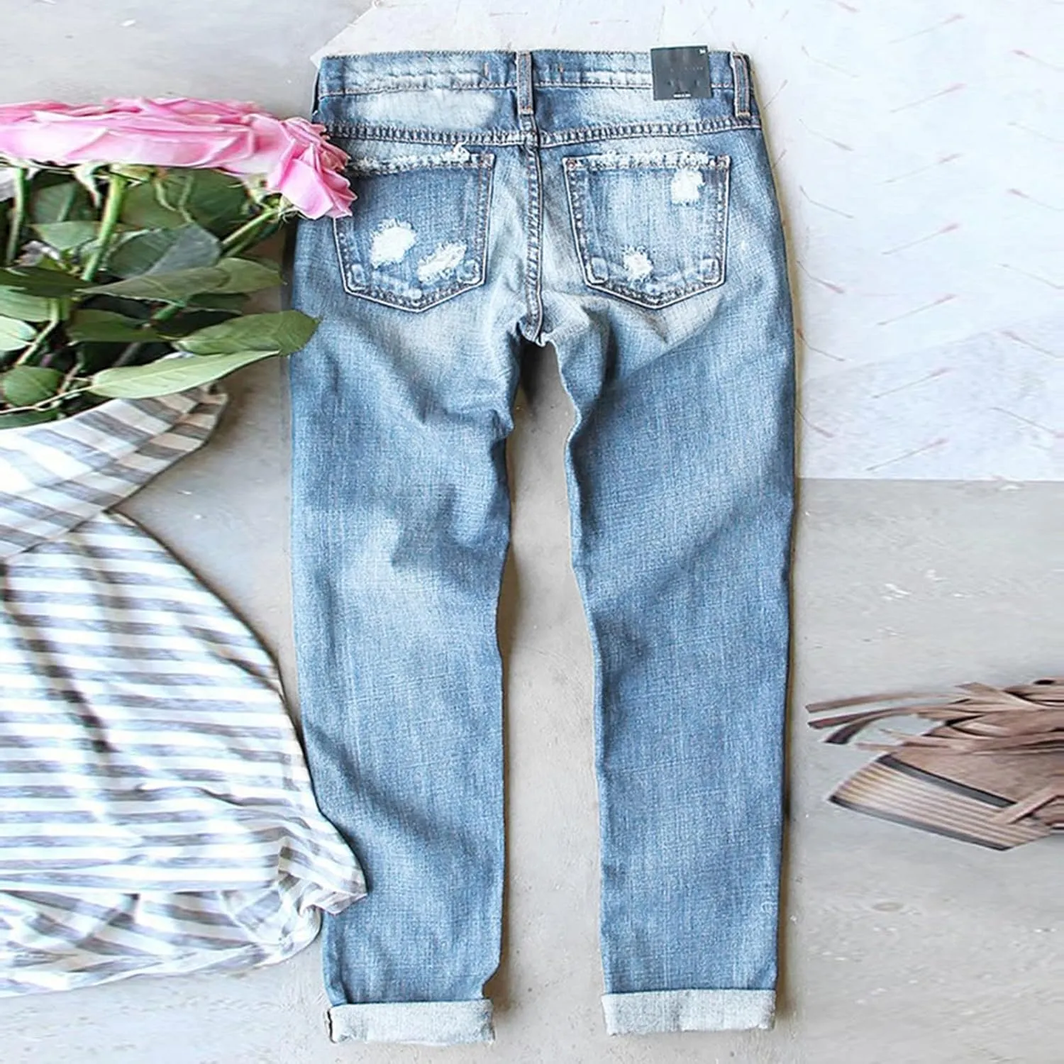 Muyise Boyfriend Jeans for Women Patchwork Distressed Casual Ripped Jeans Stretch Straight Leg Denim Trousers with Pockets