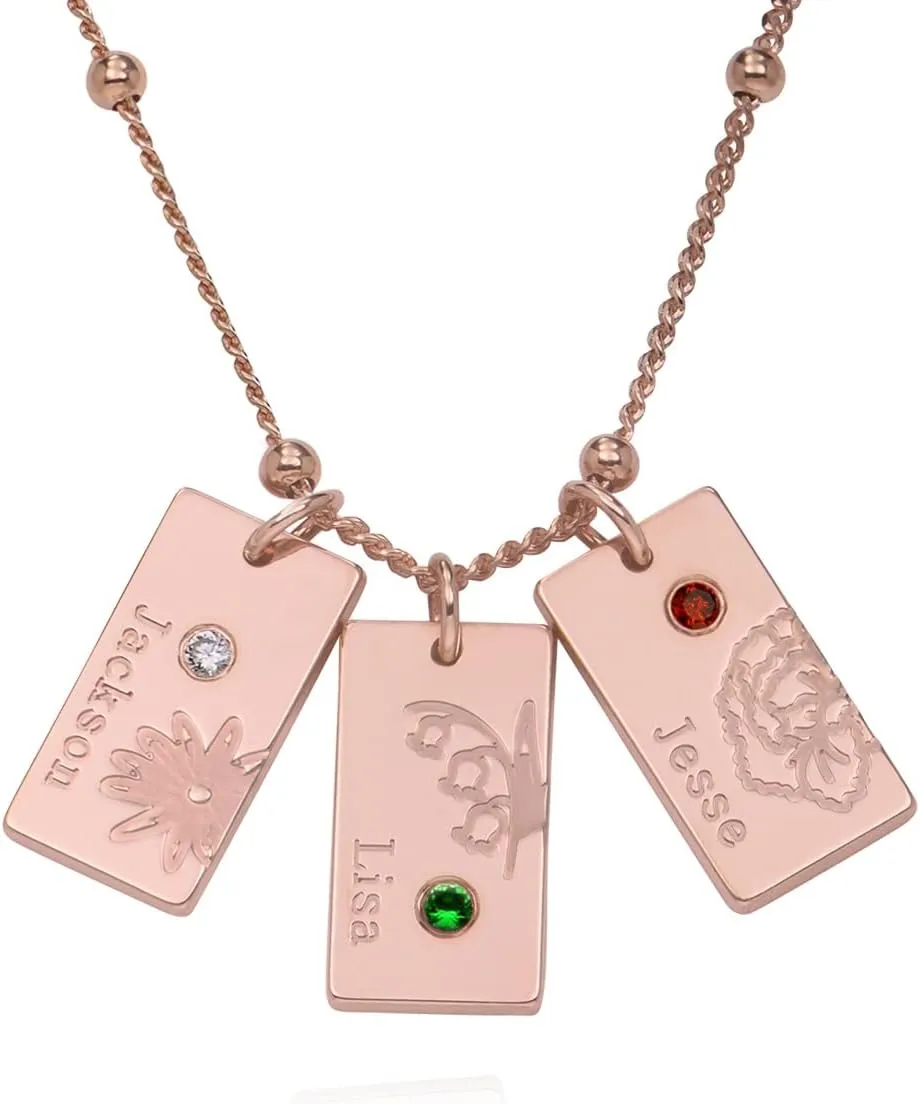 MYKA Personalized Blossom Birth Flower Necklace with Birthstones or Diamond - Link or Bubble Chain - Custom Jewelry