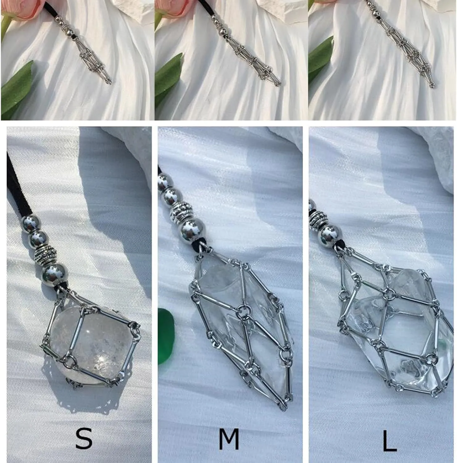 Net Necklace Mesh Pendant Necklace Adjustable Leathers Rope Empty Crystal Stone Holder Necklace Metal Crystal Cage Necklace Holder