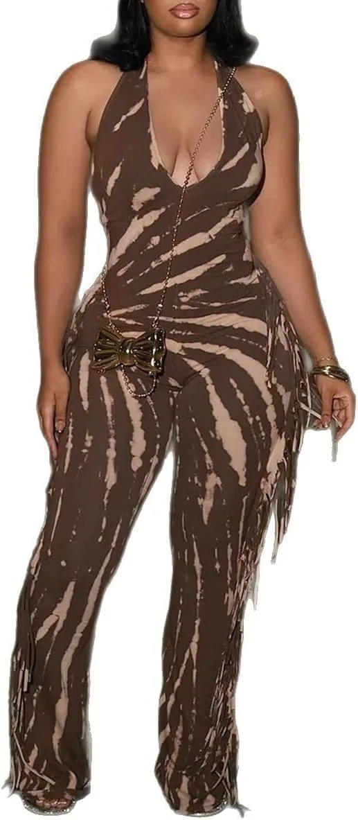 NIFTRIRY Casual Jumpsuits Sleeveless Fringe Side Legging Backless One Piece Jumpsuits for Women