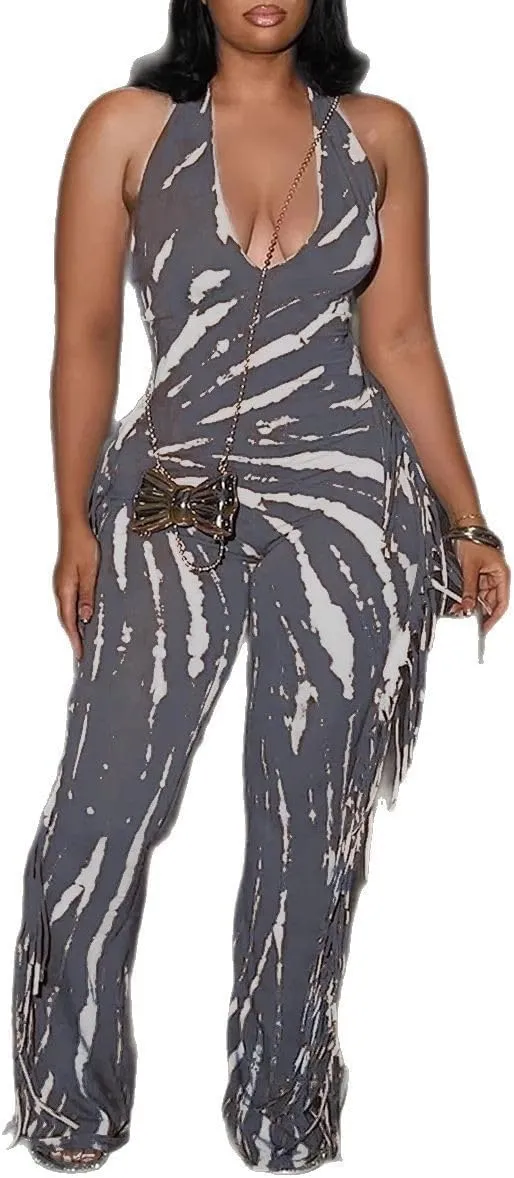 NIFTRIRY Casual Jumpsuits Sleeveless Fringe Side Legging Backless One Piece Jumpsuits for Women